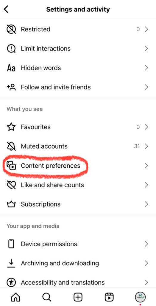 Click on content preferences