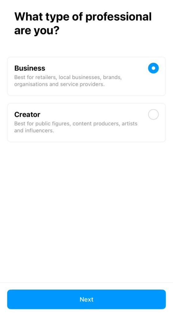 Choose between creator or business