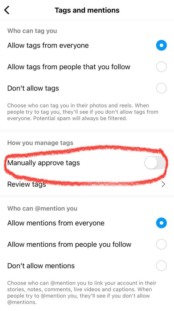 Turn on manually approve tags